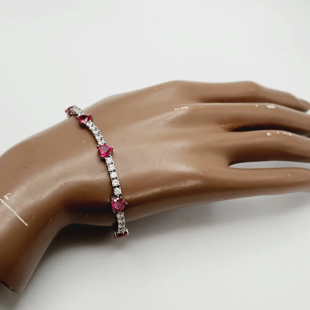 Sun BR Ruby and CZ Sparkly Heart Love Silver Plated Tennis Bracelet